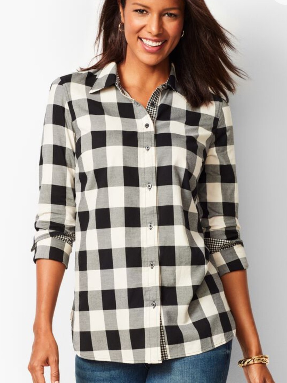 Talbots Black and White Gingham Buffalo-Check Button-Down Shirt